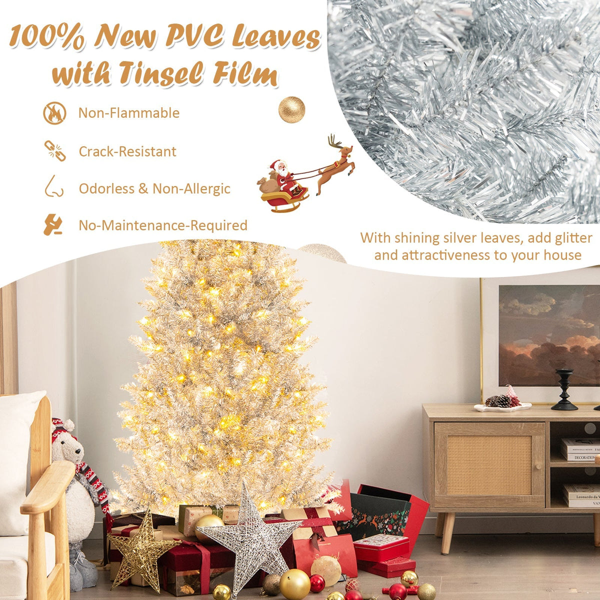 6/7 FT Pre-Lit Artificial Silver Tinsel Xmas Tree with 790 Branch Tips and 300 LED Lights