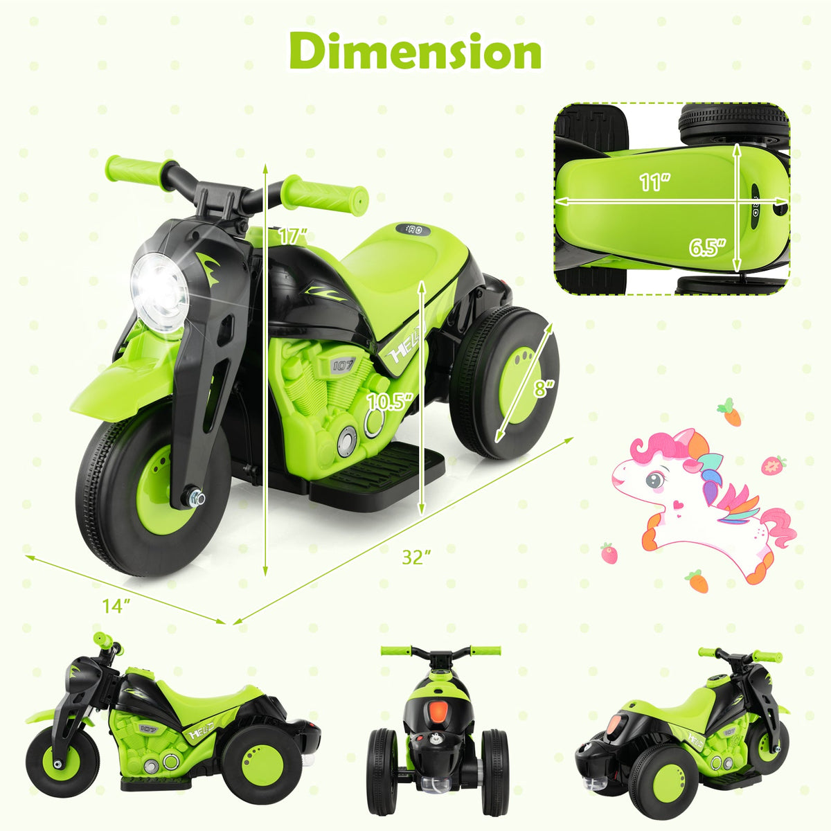 6V Kids Electric Ride on Motorcycle with Bubble Maker and Music-Green