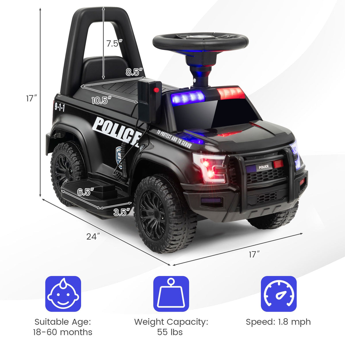 6V Kids Ride On Police Car with Real Megaphone and Siren Flashing Lights