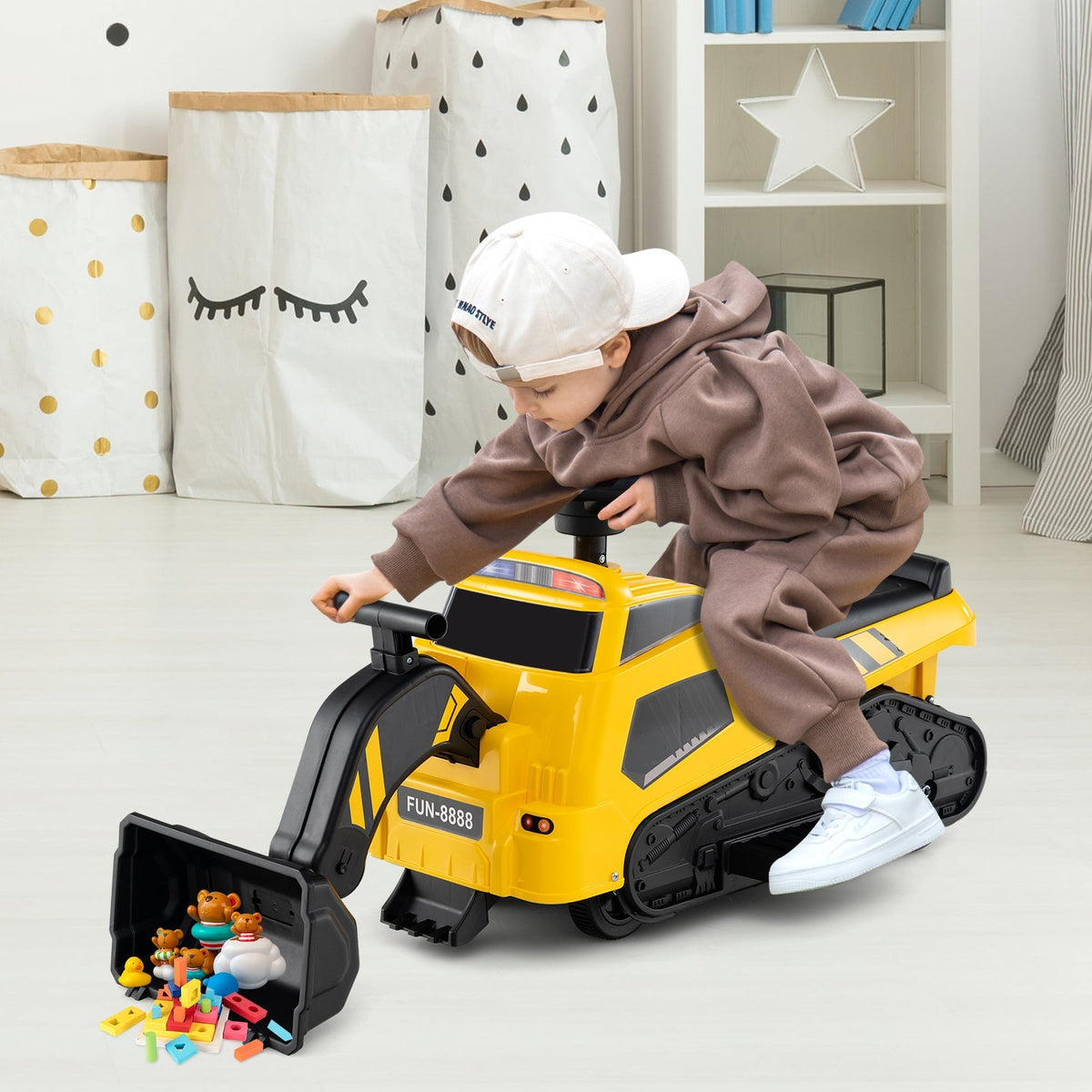 Tractor montable de 6 V excavadora eléctrica 3 en 1 con brazos ajustables y música - Amarillo
