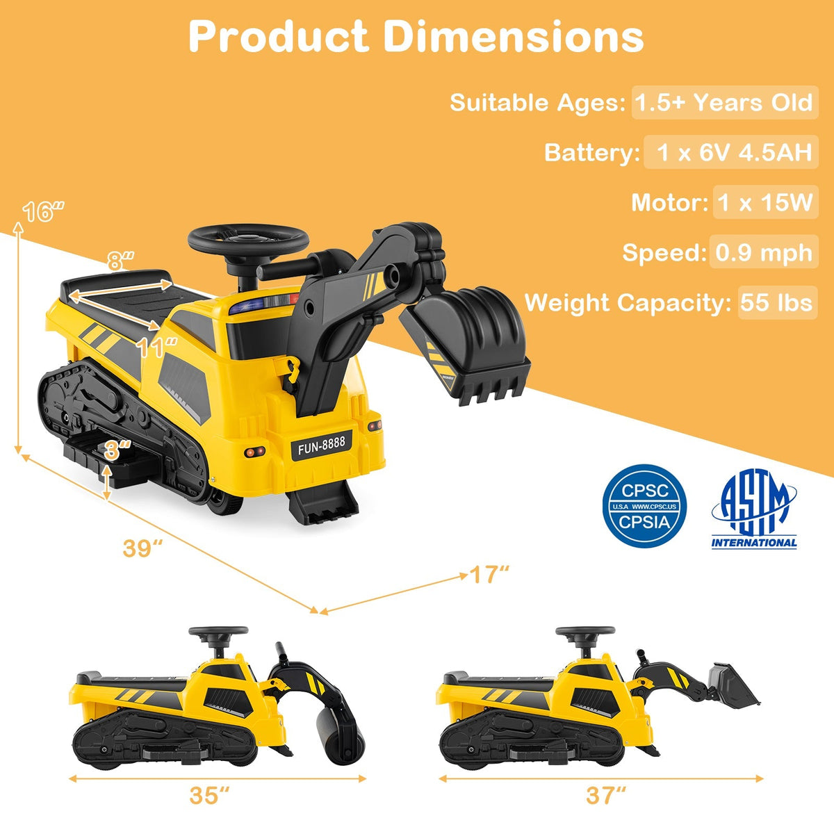 Tractor montable de 6 V excavadora eléctrica 3 en 1 con brazos ajustables y música - Amarillo