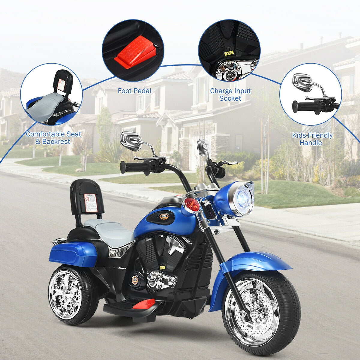 6V Powered Toddler 3-Wheel Motorbike Ride On Toy with Horn and Headlight-Black and White