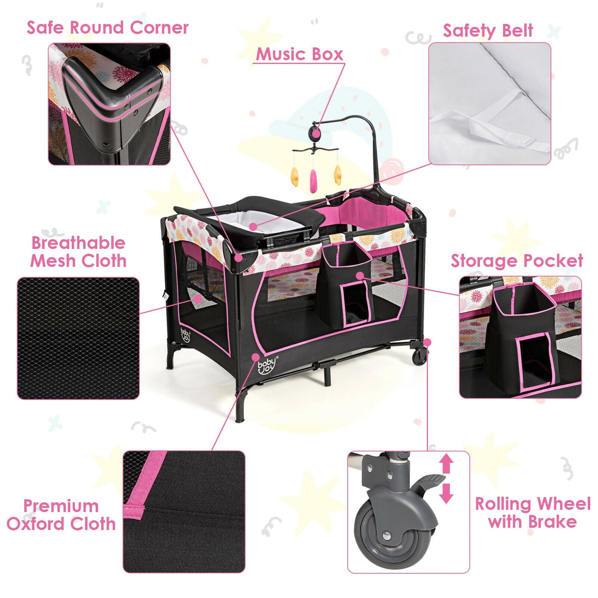 3-in-1 Convertible Portable Baby Playard with Music Box and Wheel and Brakes