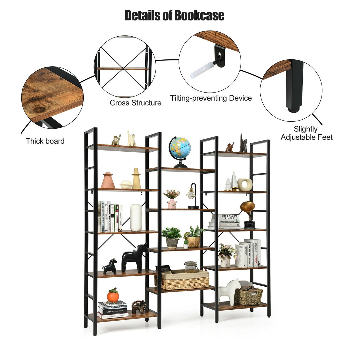 Vintage Triple Wide 5-Tier Bookcase Large Bookshelf Display Storage Shelf