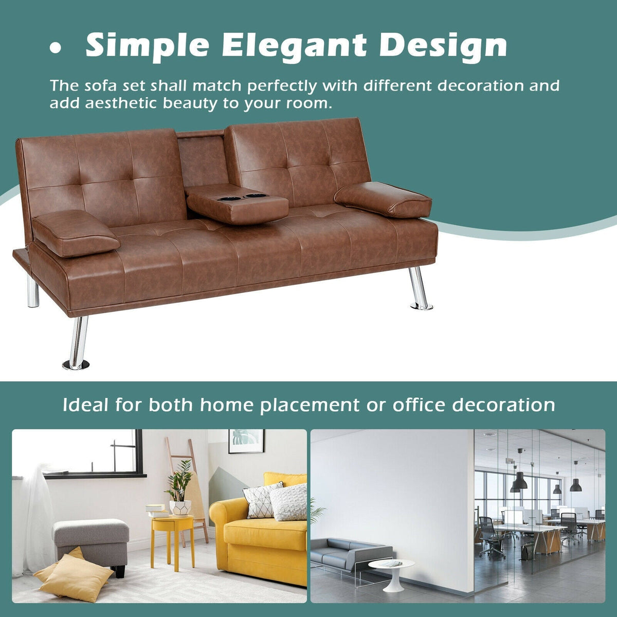 Convertible Folding Leather Futon Sofa with Cup Holders and Armrests