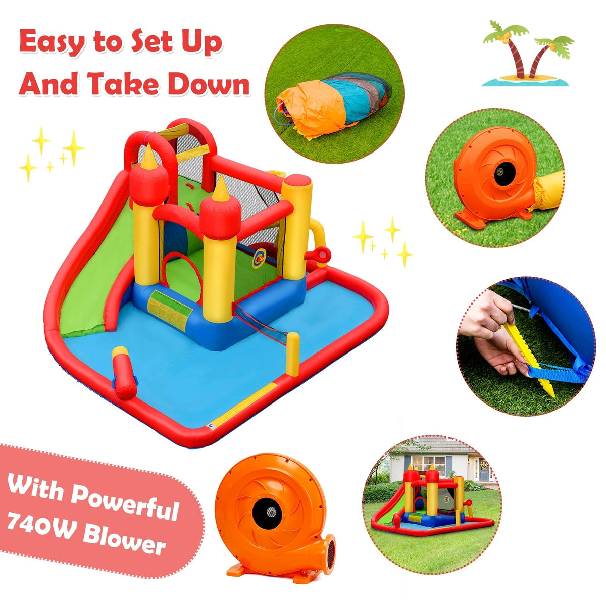 Tobogán de agua inflable con casa de rebote con soplador de 740 W