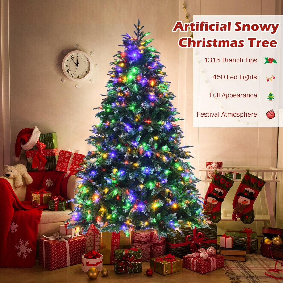 Pre-Lit Snowy Christmas Hinged Tree with Multi-Color Lights