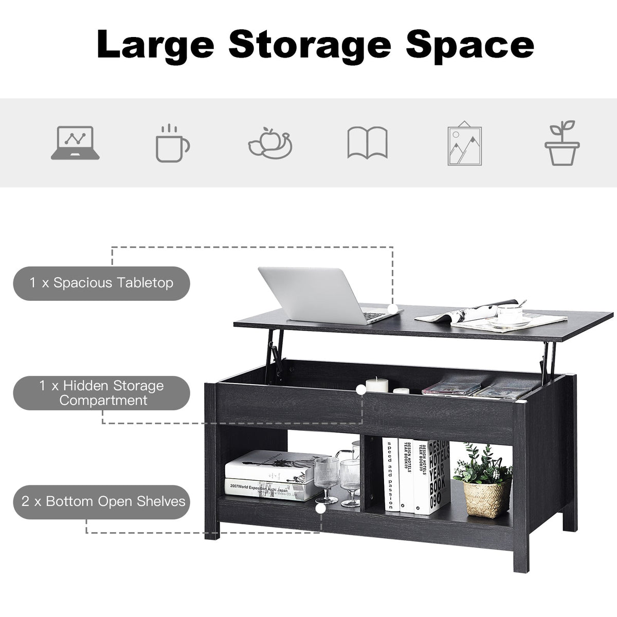 Lift Top Coffee Table with Hidden Storage Compartment and Lower Shelf for Study Room