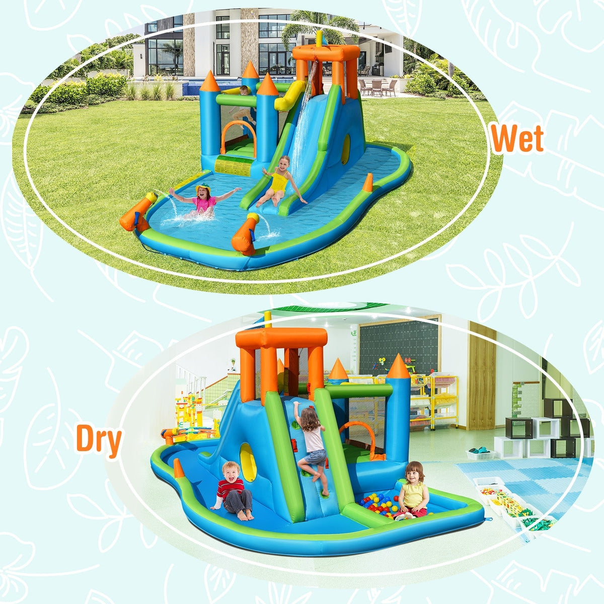 Tobogán de agua inflable con casa de rebote y piscina para salpicar sin soplador para niños