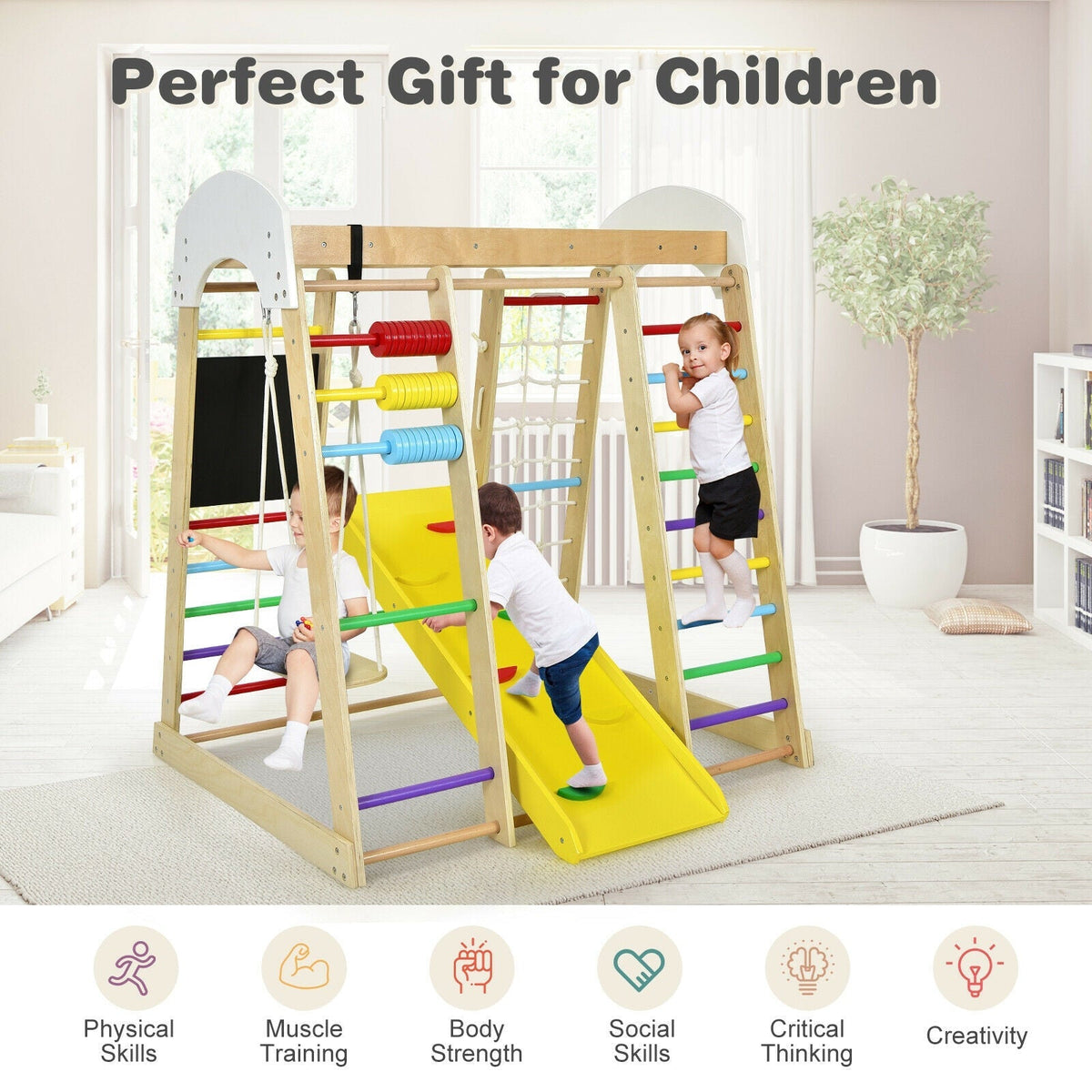 Indoor Playground Climbing Gym Wooden 8-in-1 Climber Playset for Children