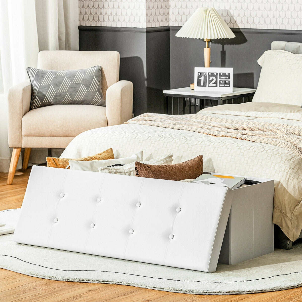 45 Inches Large Folding Ottoman Storage Seat-White