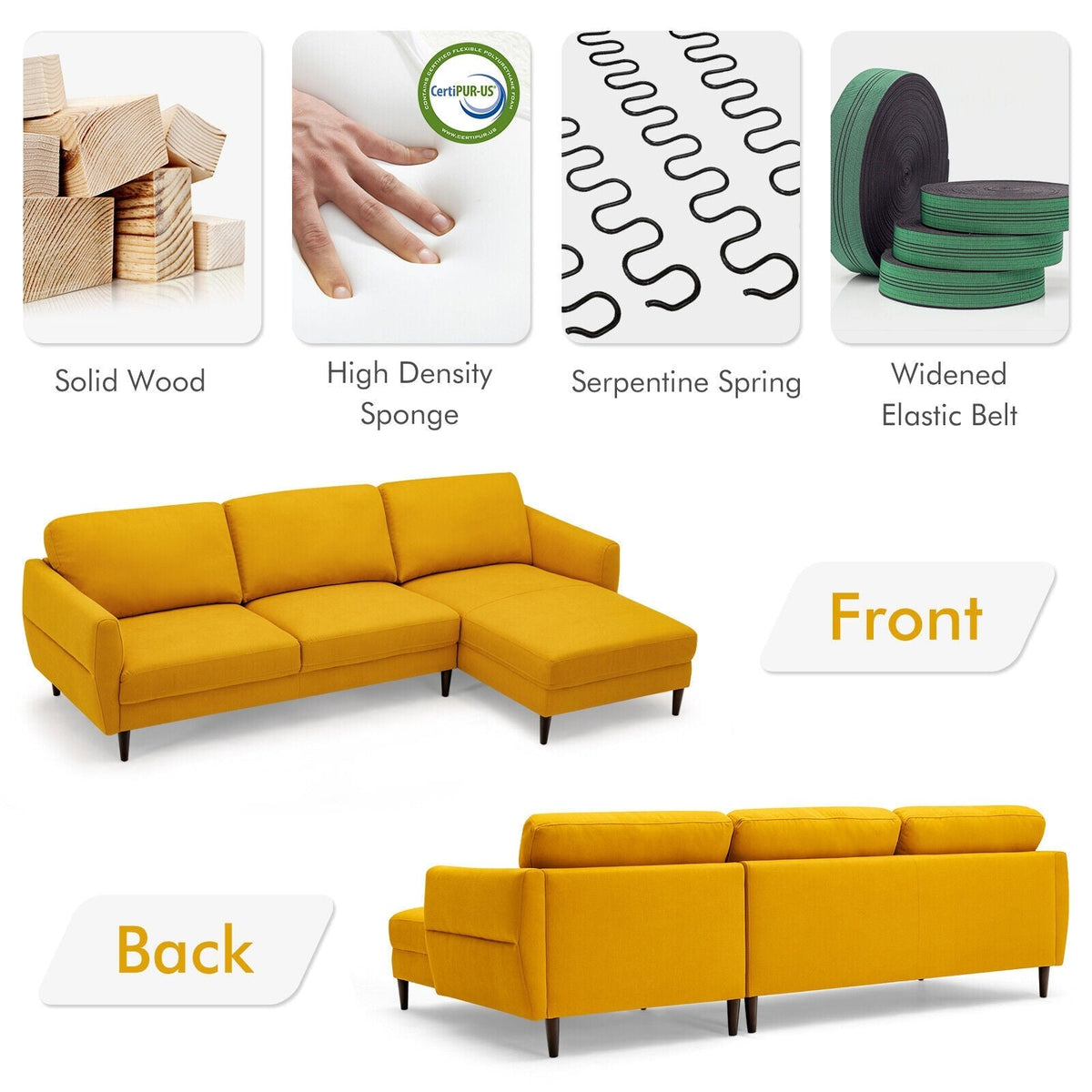 L-Shaped Fabric Sectional Sofa with Chaise Lounge and Solid Wood Legs