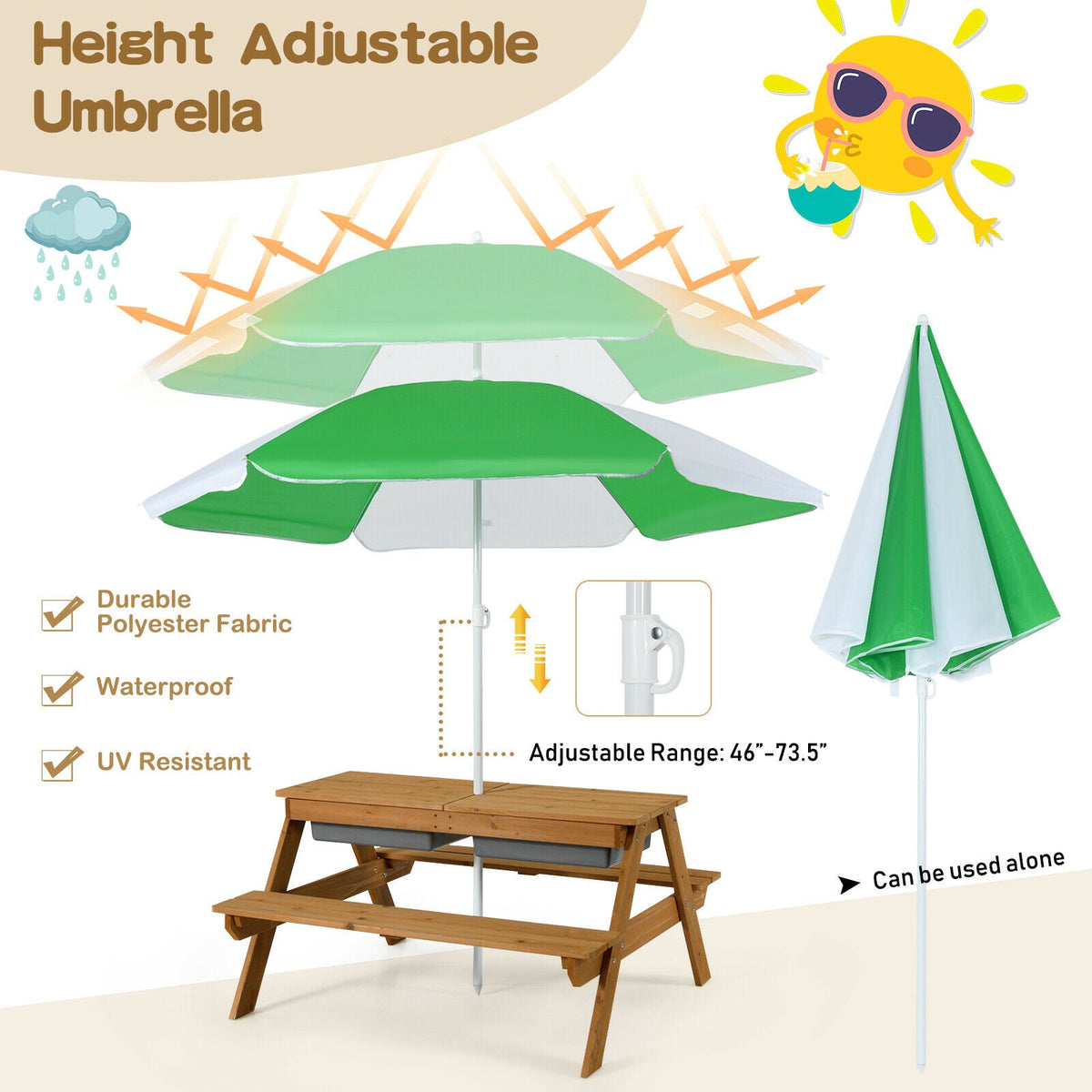 3-in-1 Kids Outdoor Picnic Water Sand Table with Umbrella Play Boxes-Green