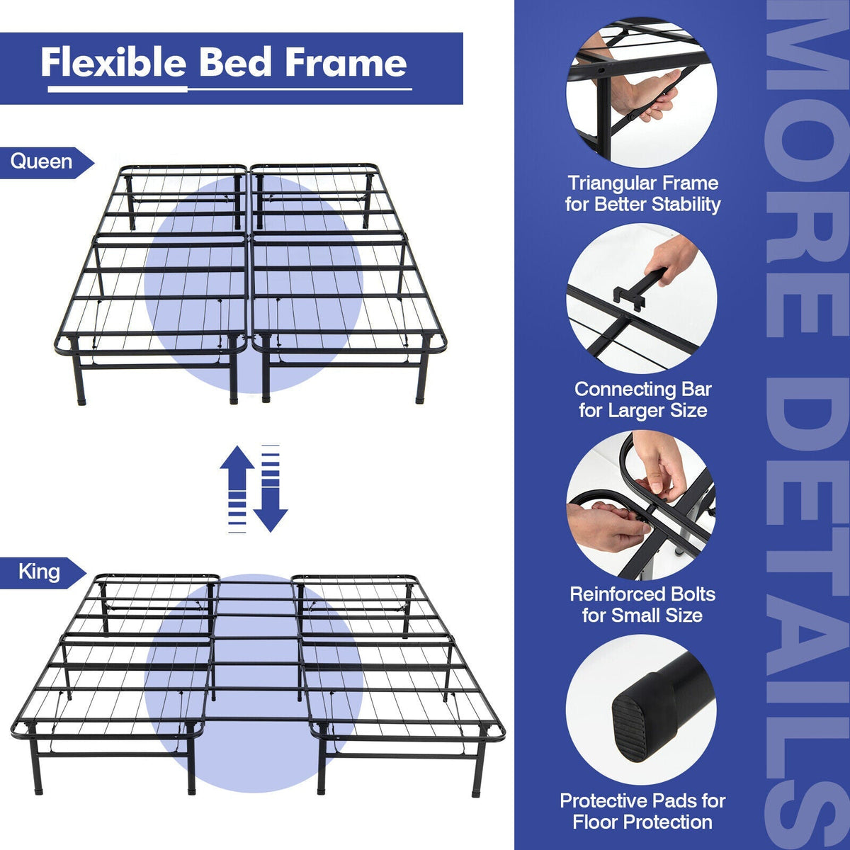 Full/King Size Folding Steel Platform Bed Frame for Kids and Adults
