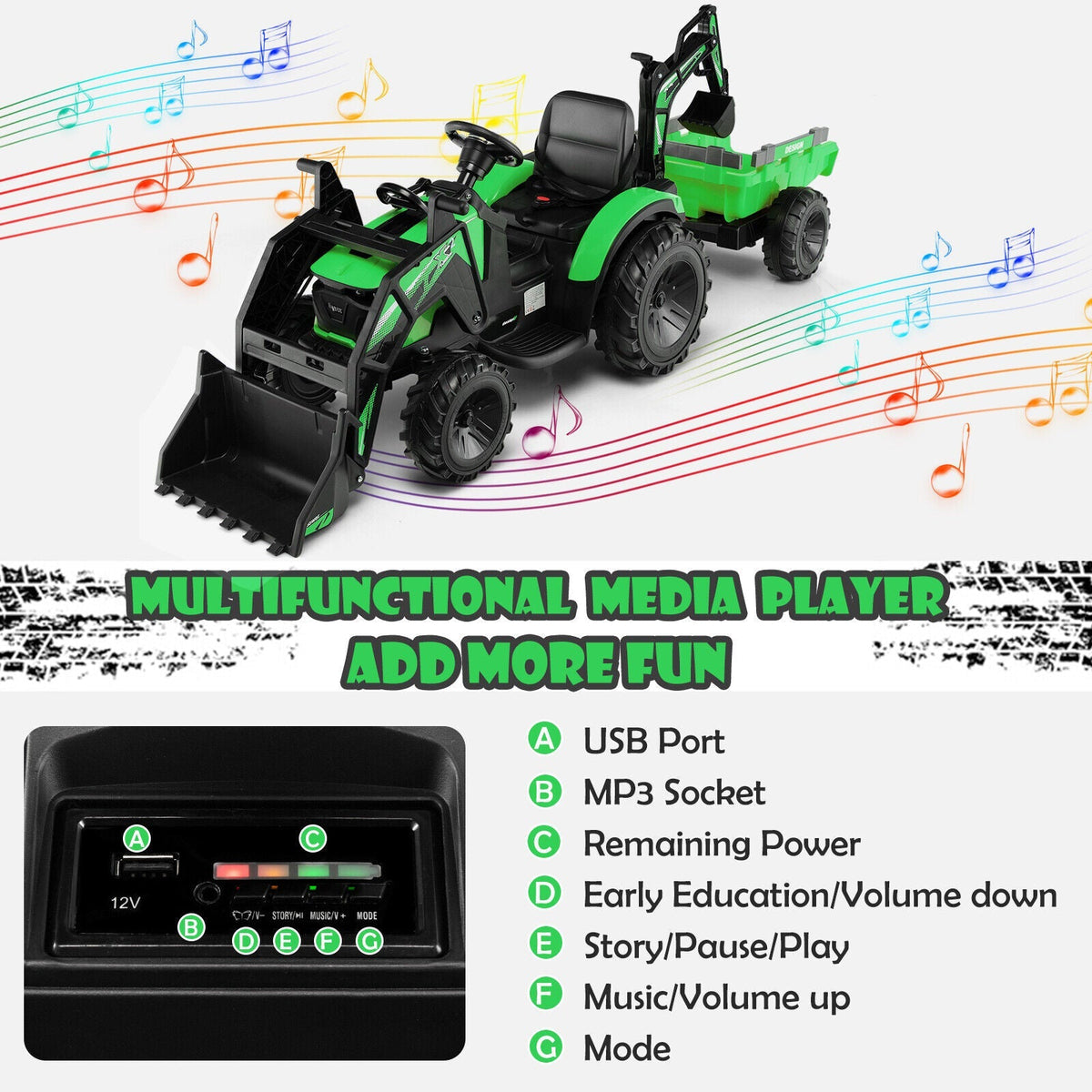 12V 3 in 1 Kids Ride On Excavator with Shovel Bucket and Music