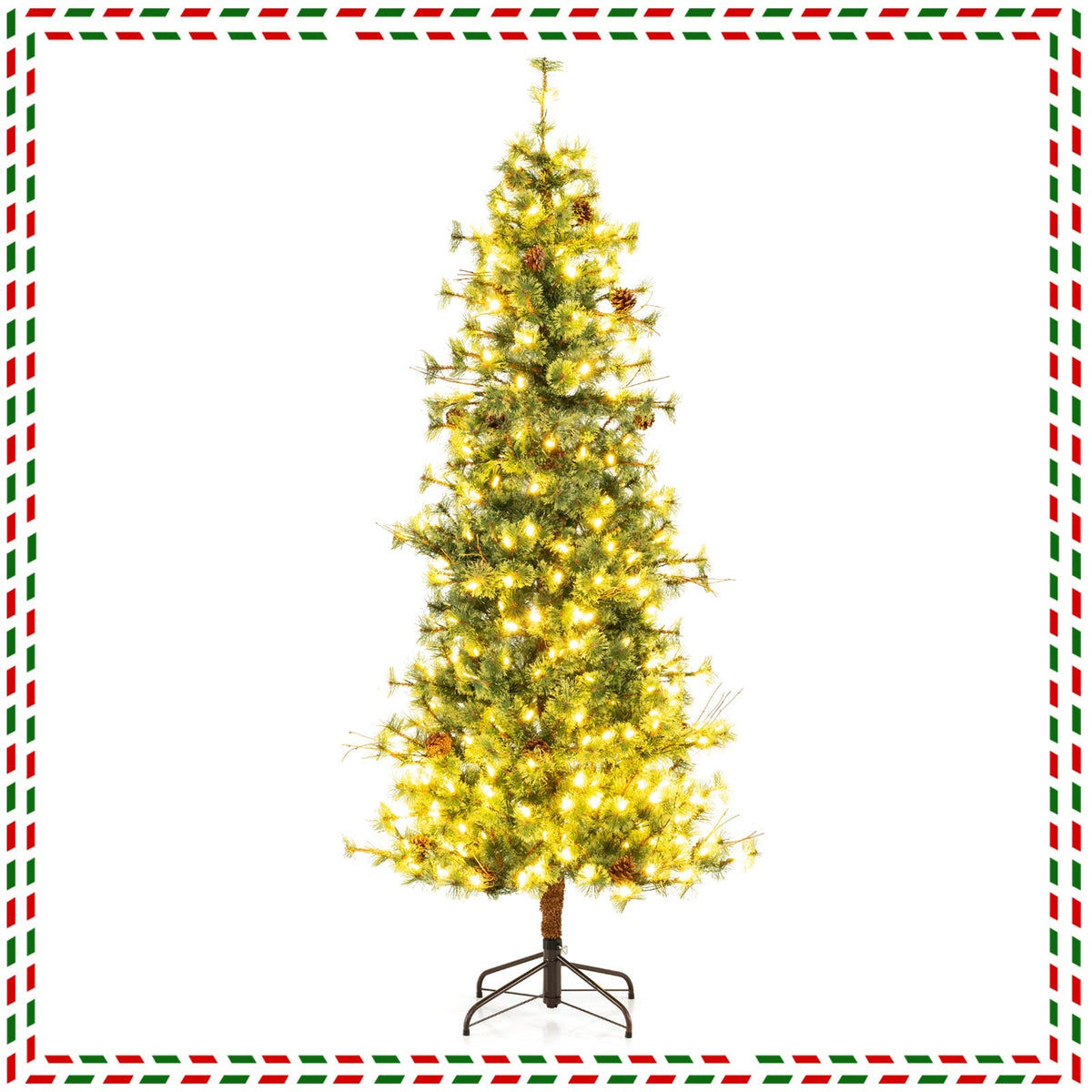 6/7/8 Feet Artificial Christmas Tree Pre-lit Hinged Xmas Tree with Warm White LED Lights and Pine Cones