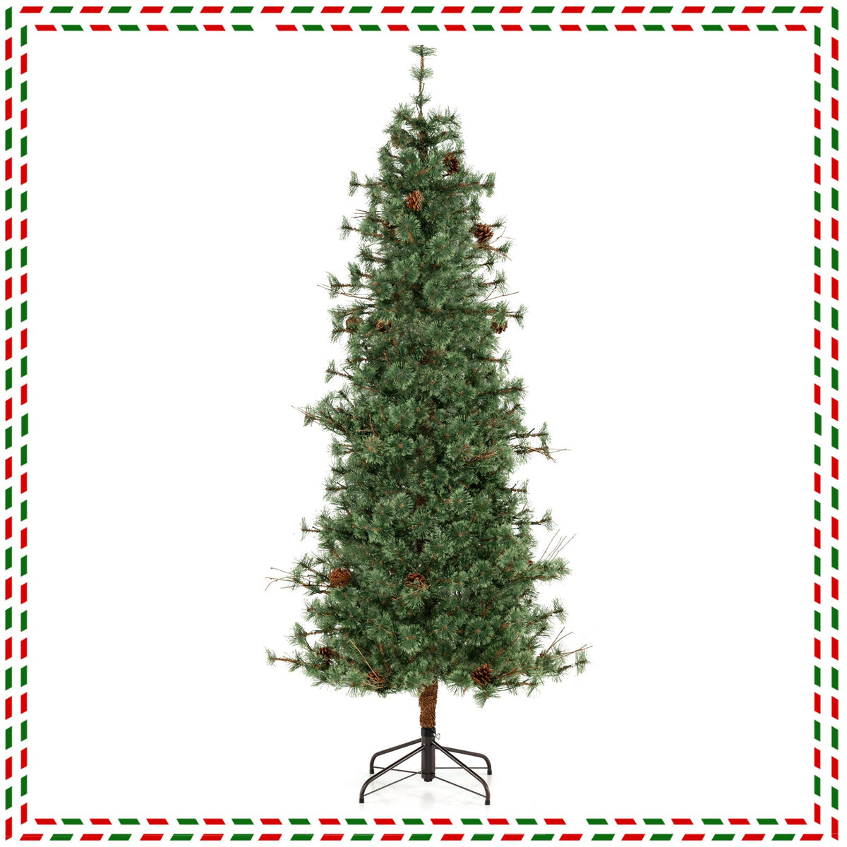 6/7/8 Feet Artificial Christmas Tree Pre-lit Hinged Xmas Tree with Warm White LED Lights and Pine Cones