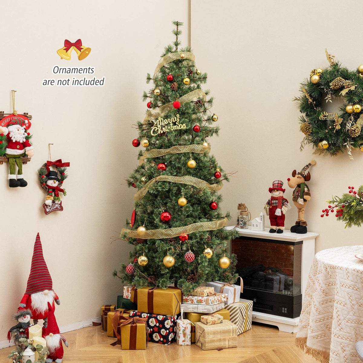 6/7/8 Feet Artificial Christmas Tree Pre-lit Hinged Xmas Tree with Warm White LED Lights and Pine Cones
