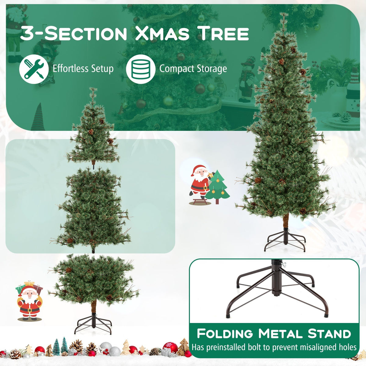 6/7/8 Feet Artificial Christmas Tree Pre-lit Hinged Xmas Tree with Warm White LED Lights and Pine Cones