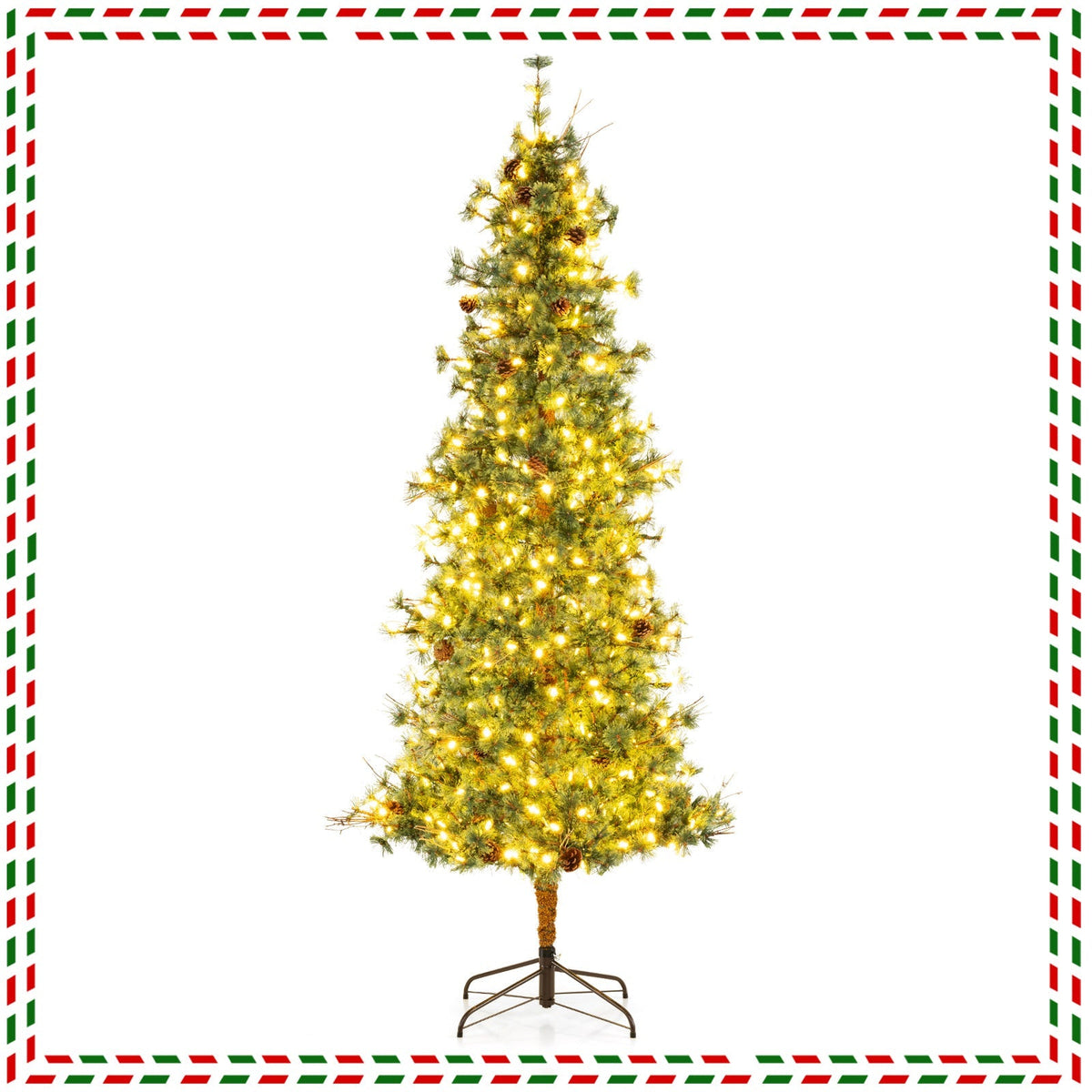 6/7/8 Feet Artificial Christmas Tree Pre-lit Hinged Xmas Tree with Warm White LED Lights and Pine Cones