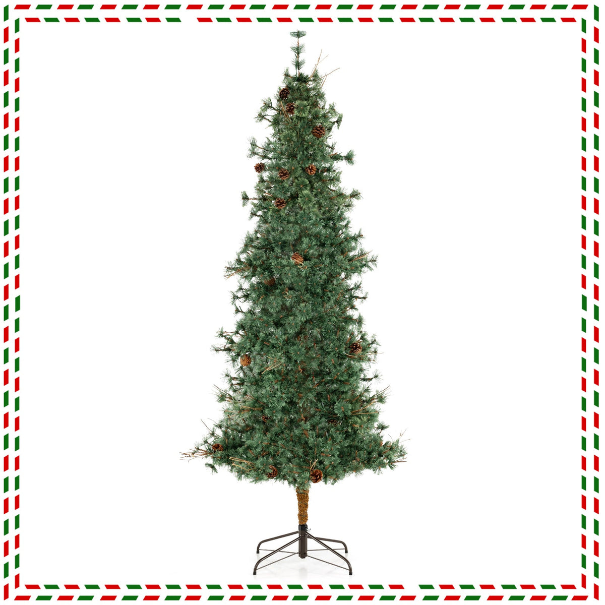 6/7/8 Feet Artificial Christmas Tree Pre-lit Hinged Xmas Tree with Warm White LED Lights and Pine Cones