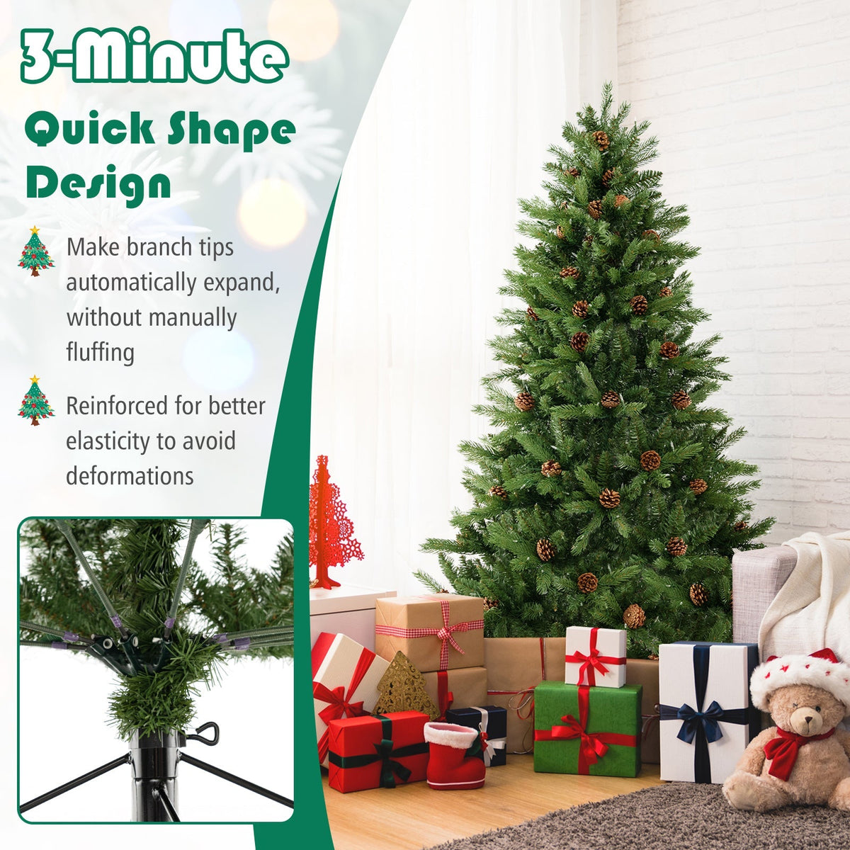 6/7 FT Artificial Christmas Tree with Pine Cones and Adjustable Brightness
