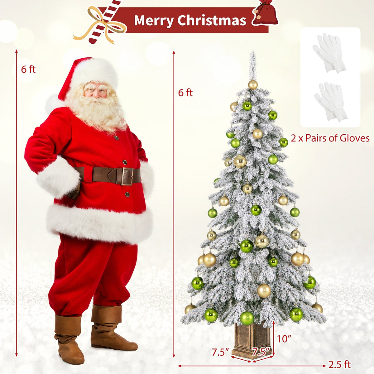 6 Feet Artificial Xmas Tree with 589 Flocked Branch Tips and 48 Xmas Balls