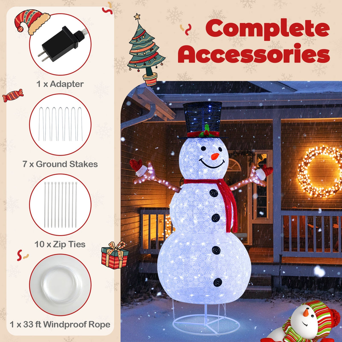 6 Feet Pre-Lit Christmas Snowman with Built-in Lights and Black Hat