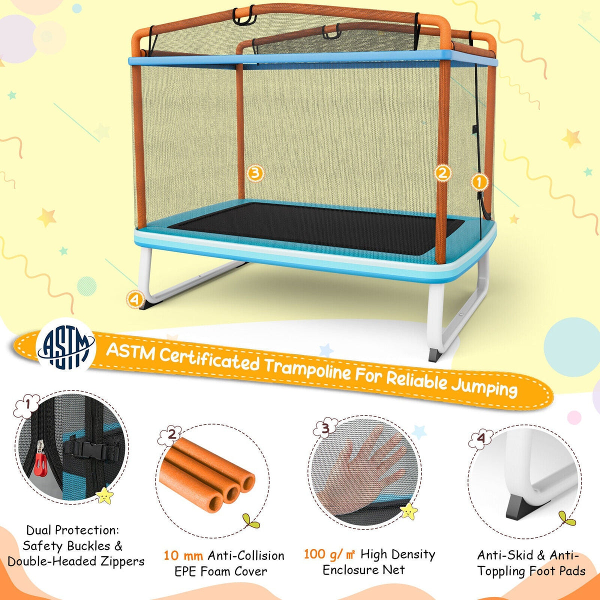 6 Feet Rectangle Trampoline with Swing Horizontal Bar and Safety Net