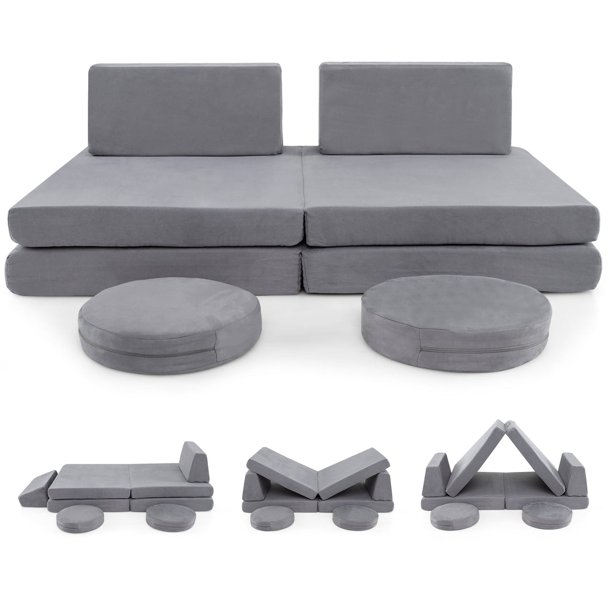 Juego de sofá modular infantil de 6 piezas con fundas lavables para sala de estar/sala de juegos - Gris