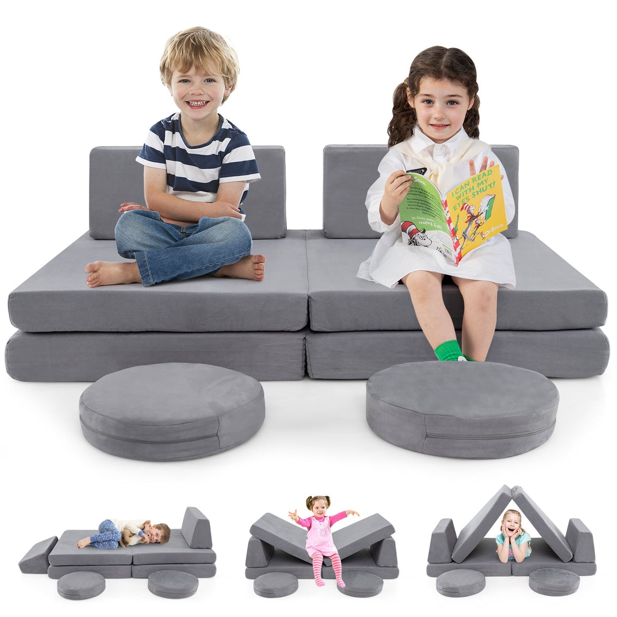 Juego de sofá modular infantil de 6 piezas con fundas lavables para sala de estar/sala de juegos - Gris
