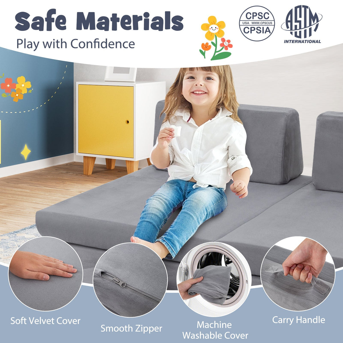 Juego de sofá modular infantil de 6 piezas con fundas lavables para sala de estar/sala de juegos - Gris