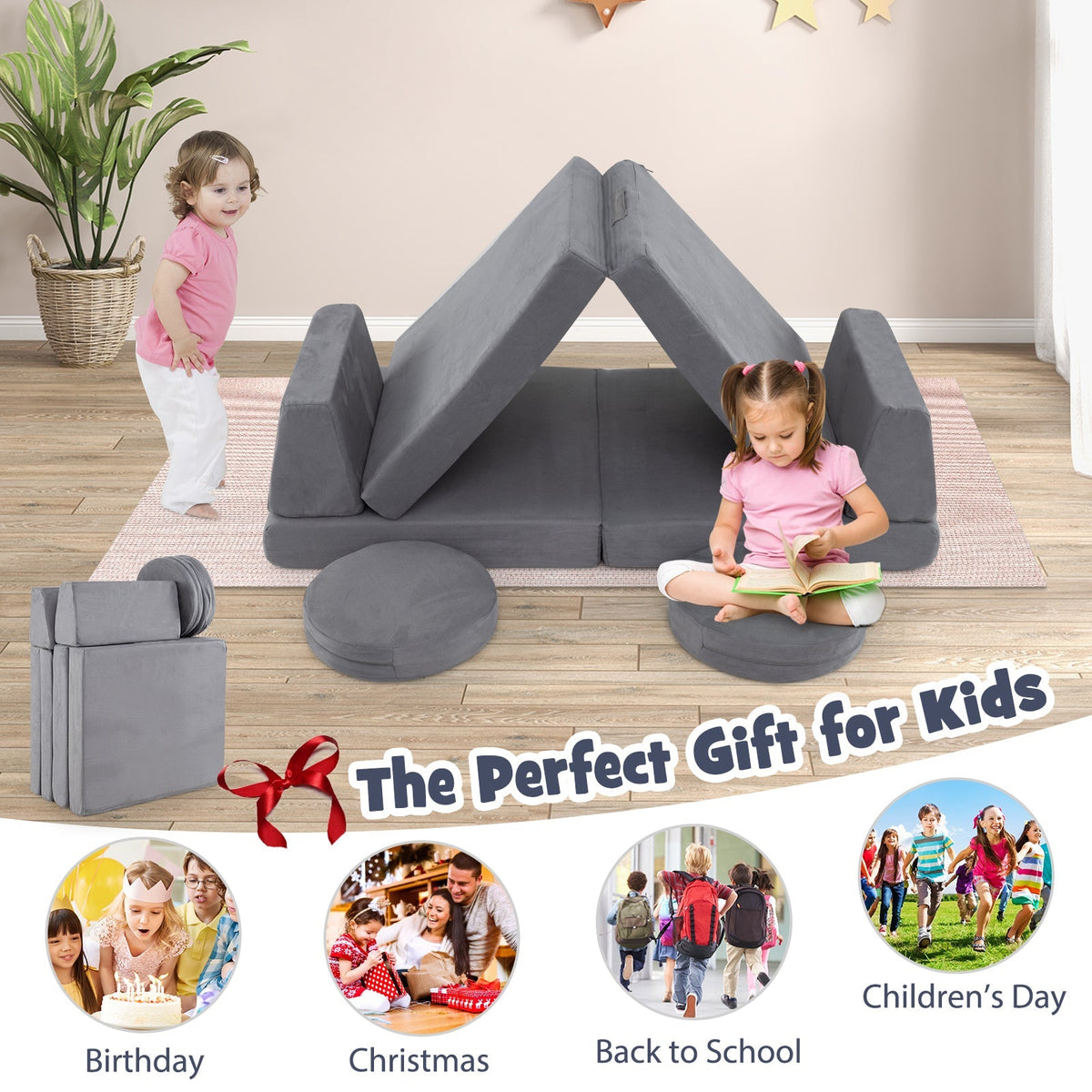 Juego de sofá modular infantil de 6 piezas con fundas lavables para sala de estar/sala de juegos - Gris