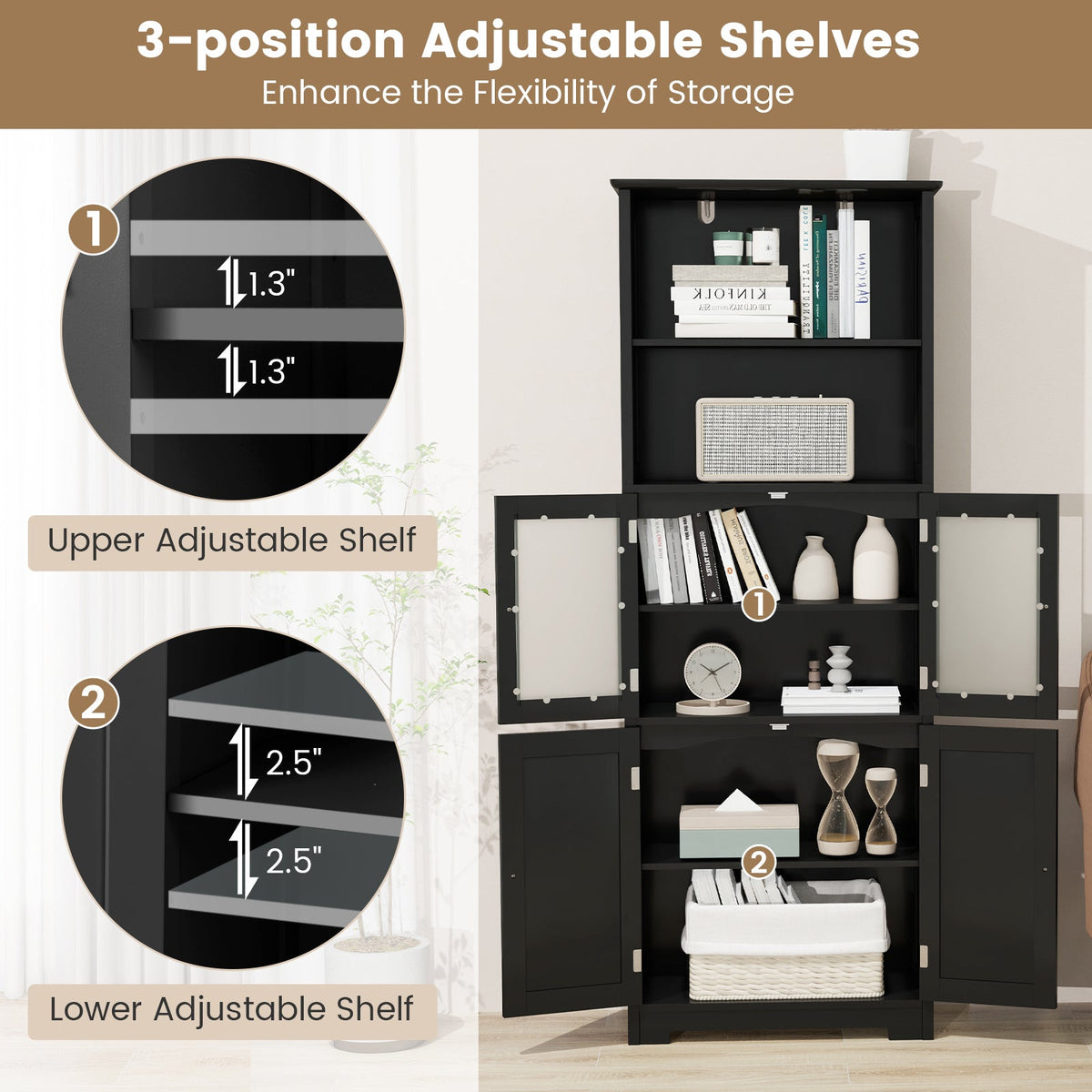 6-Tier Freestanding Bathroom Cabinet with 2 Open Compartments and Adjustable Shelves