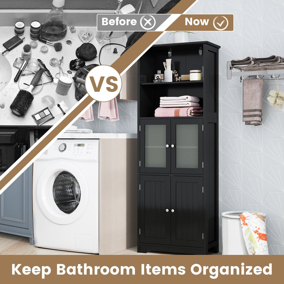 6-Tier Freestanding Bathroom Cabinet with 2 Open Compartments and Adjustable Shelves