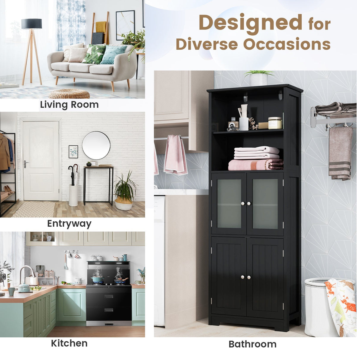 6-Tier Freestanding Bathroom Cabinet with 2 Open Compartments and Adjustable Shelves