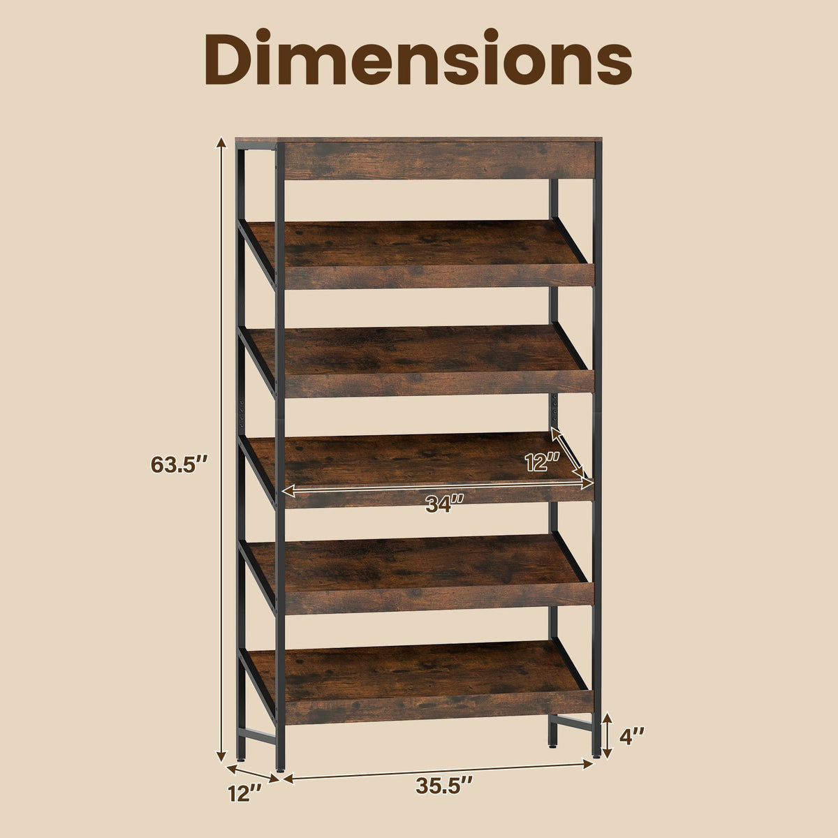 6-Tier Tall Freestanding Bookshelf with Angled Shelves for Home Office-Rustic Brown