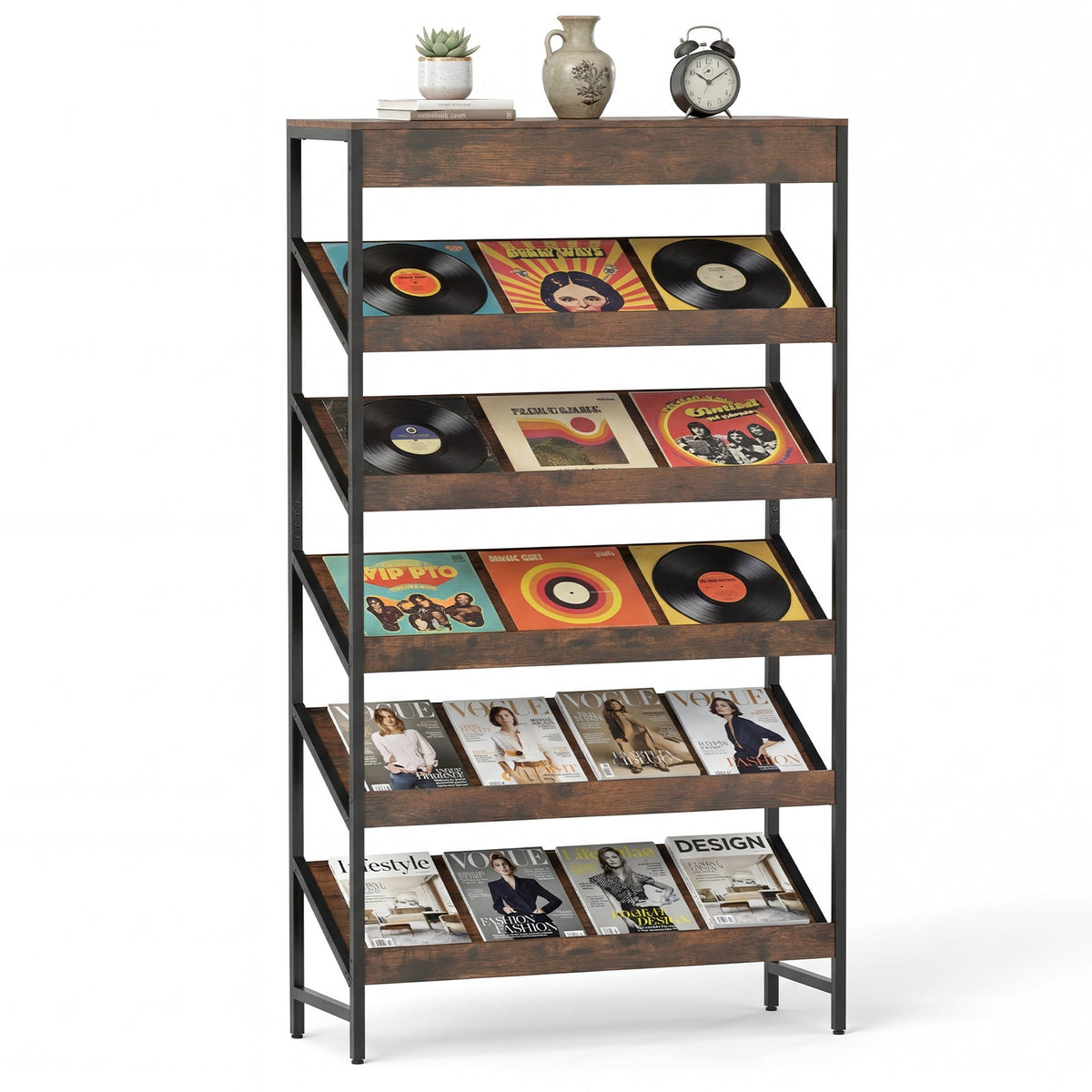 6-Tier Tall Freestanding Bookshelf with Angled Shelves for Home Office-Rustic Brown
