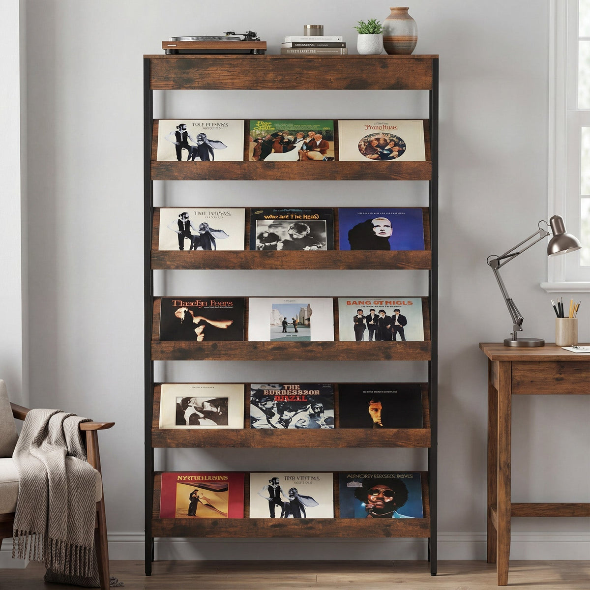 6-Tier Tall Freestanding Bookshelf with Angled Shelves for Home Office-Rustic Brown