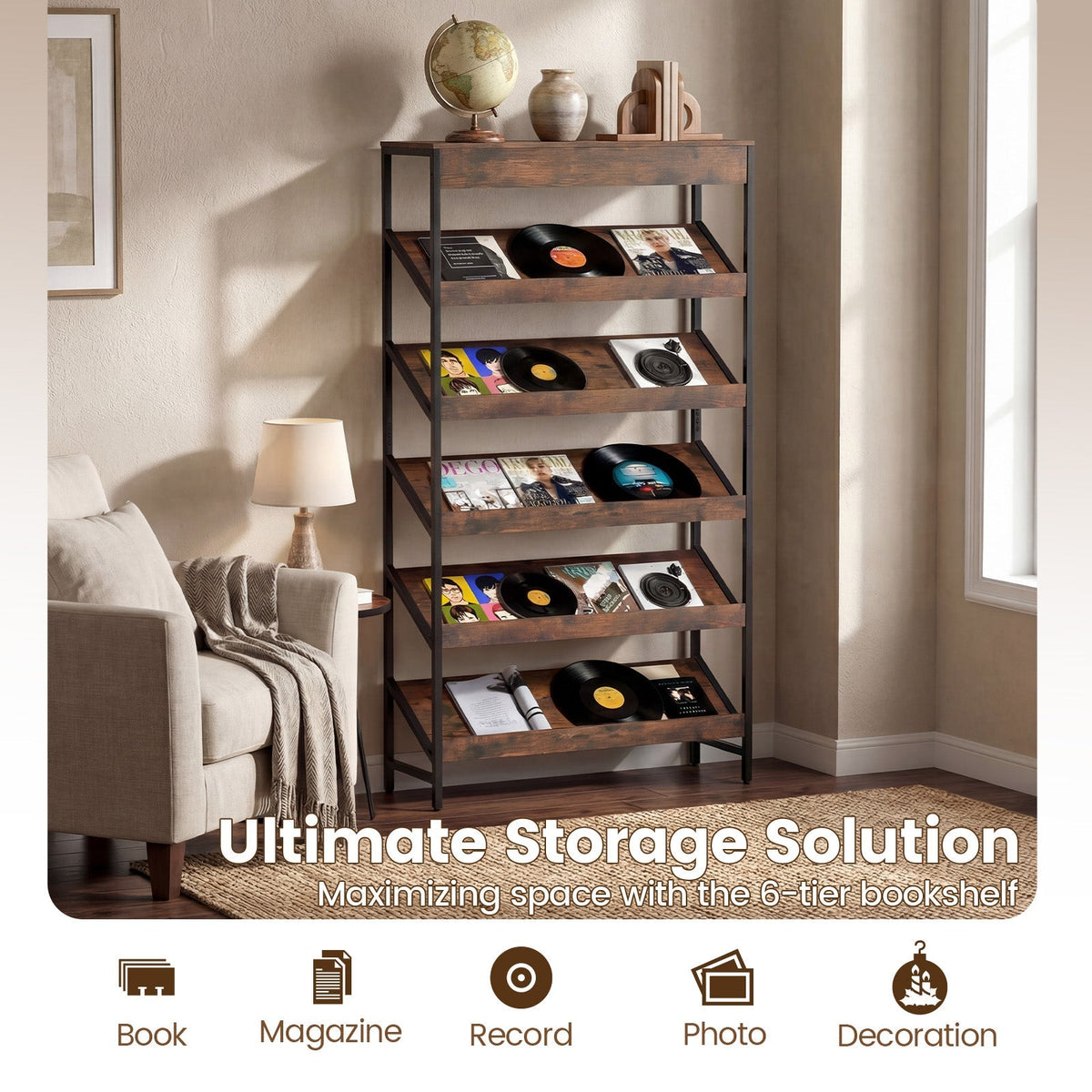 6-Tier Tall Freestanding Bookshelf with Angled Shelves for Home Office-Rustic Brown
