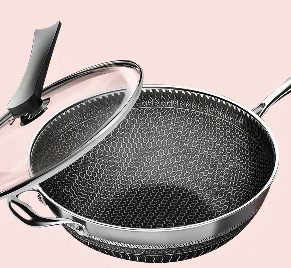 Sartén Wok de Acero Inoxidable de 33,8 cm con Tapa y Espátula – Antiadherente – Para Todo Tipo de Cocinas