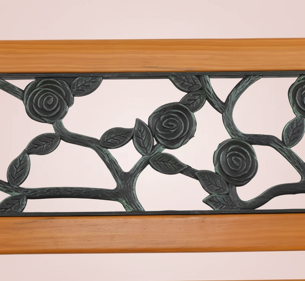Banco de Jardín Exterior de Hierro Fundido y Madera con Respaldo Ornamentado
