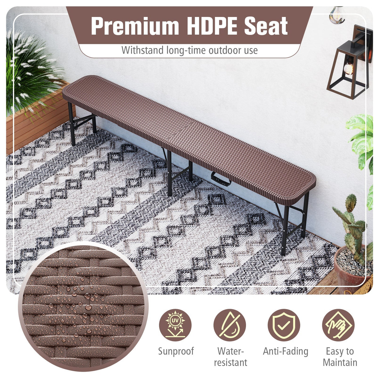 6 ft Plastic Folding Bench with 1320 LBS Capacity and Handle-Brown