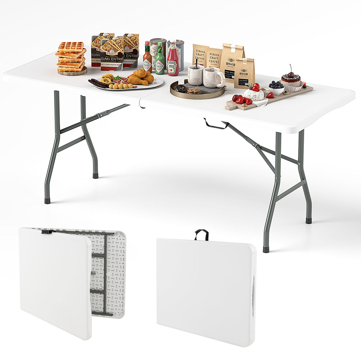 6 ft Portable Folding Table 350 LBS Fold-in-Half Table with HDPE Tabletop