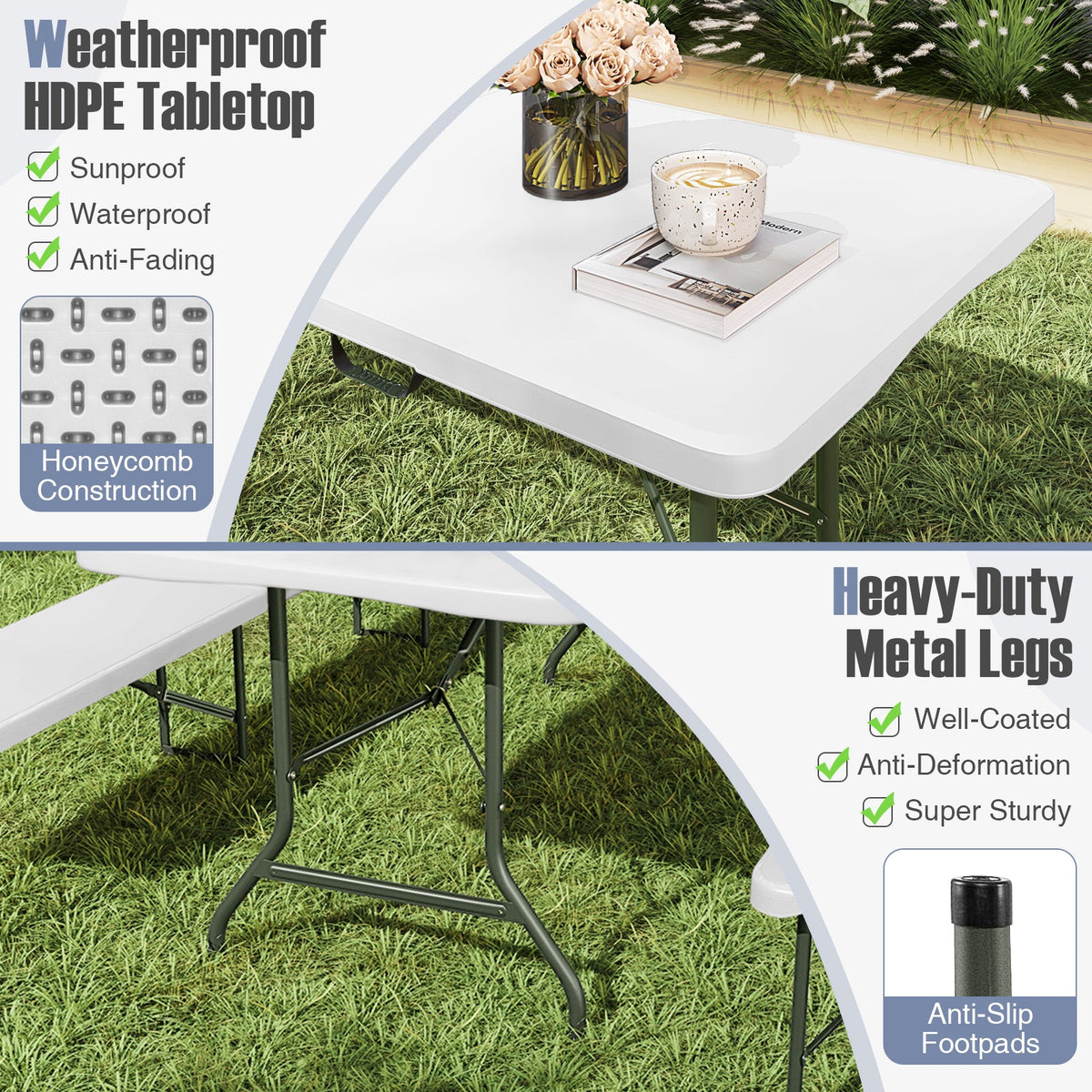 6 ft Portable Folding Table 350 LBS Fold-in-Half Table with HDPE Tabletop