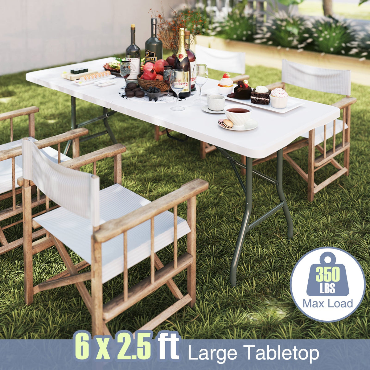 6 ft Portable Folding Table 350 LBS Fold-in-Half Table with HDPE Tabletop