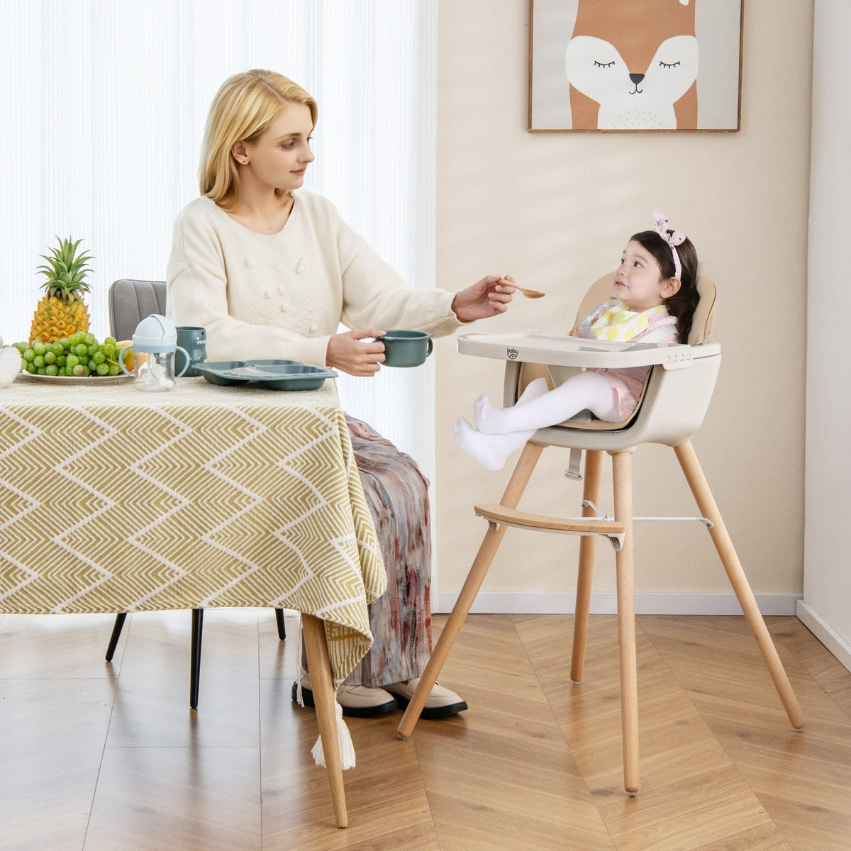 6-in-1 Convertible Wooden Highchair with Safety Harness and Adjustable Legs-Light Brown
