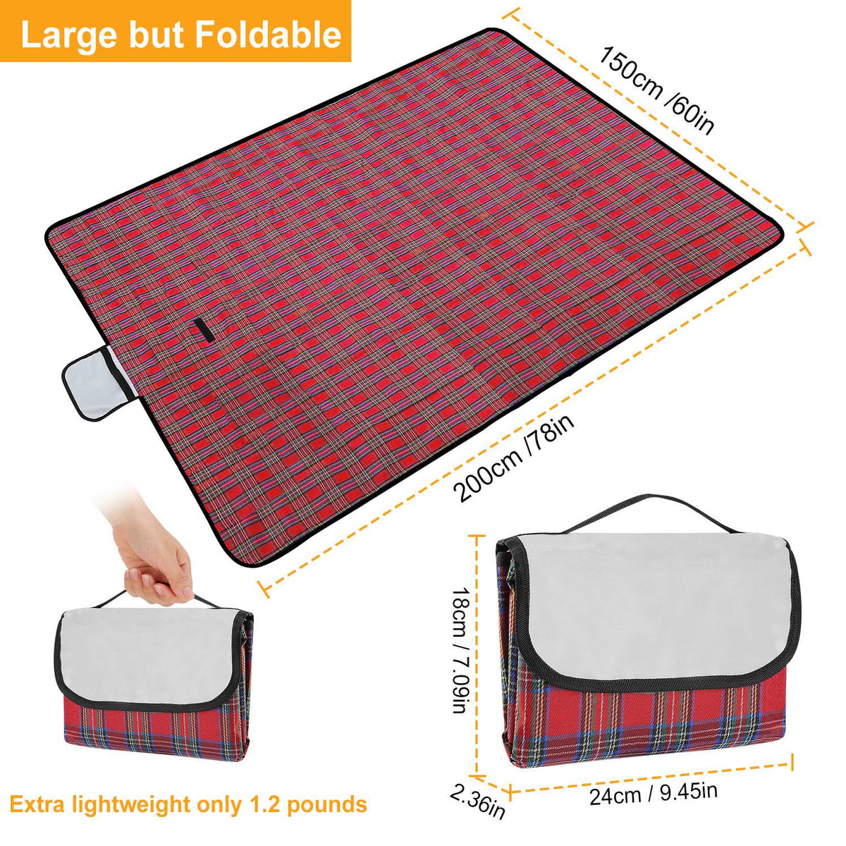 Manta de picnic impermeable de 60" x 78", alfombra plegable para acampar con correa, ideal para camping, senderismo, césped y viajes