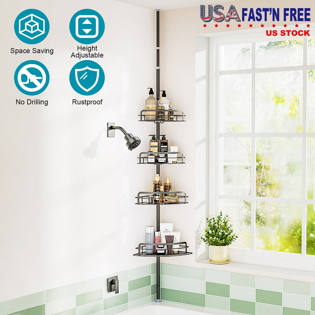 Rust-Resistant Corner Shower Caddy For Bathroom 4 Height Adjustable Shelves With Tension Pole Towel Bar Hanging Hook Floor Standing Bath Storage Rack