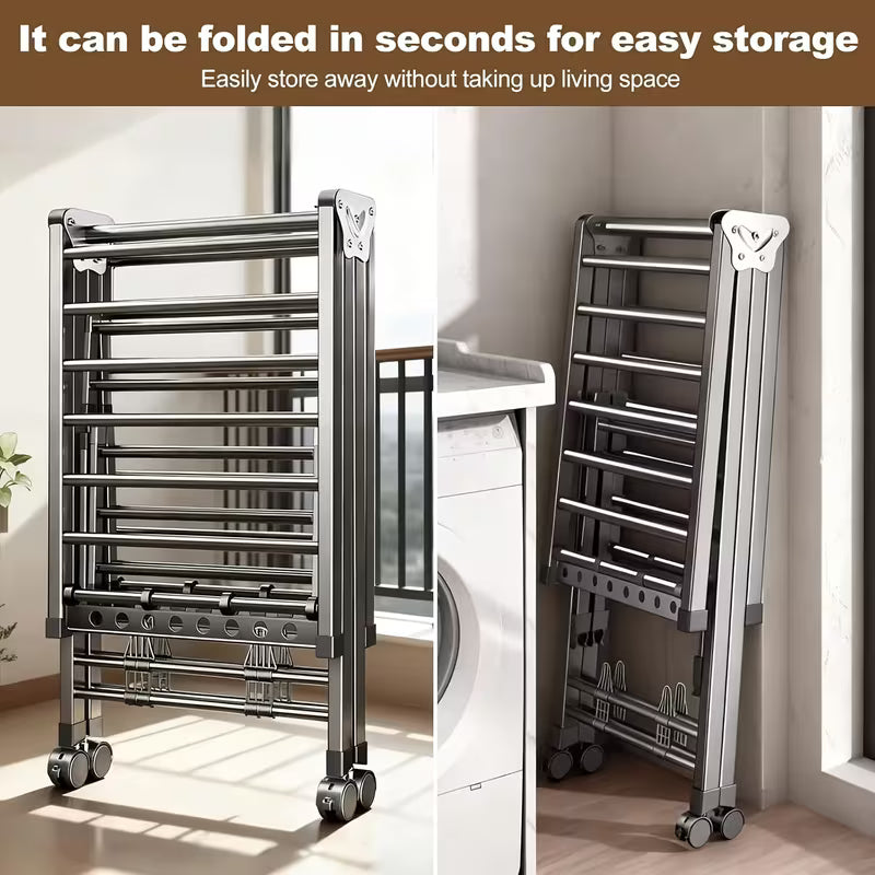 Foldable 3-Tier Clothes Drying Rack with Wheels and Shoe Rack